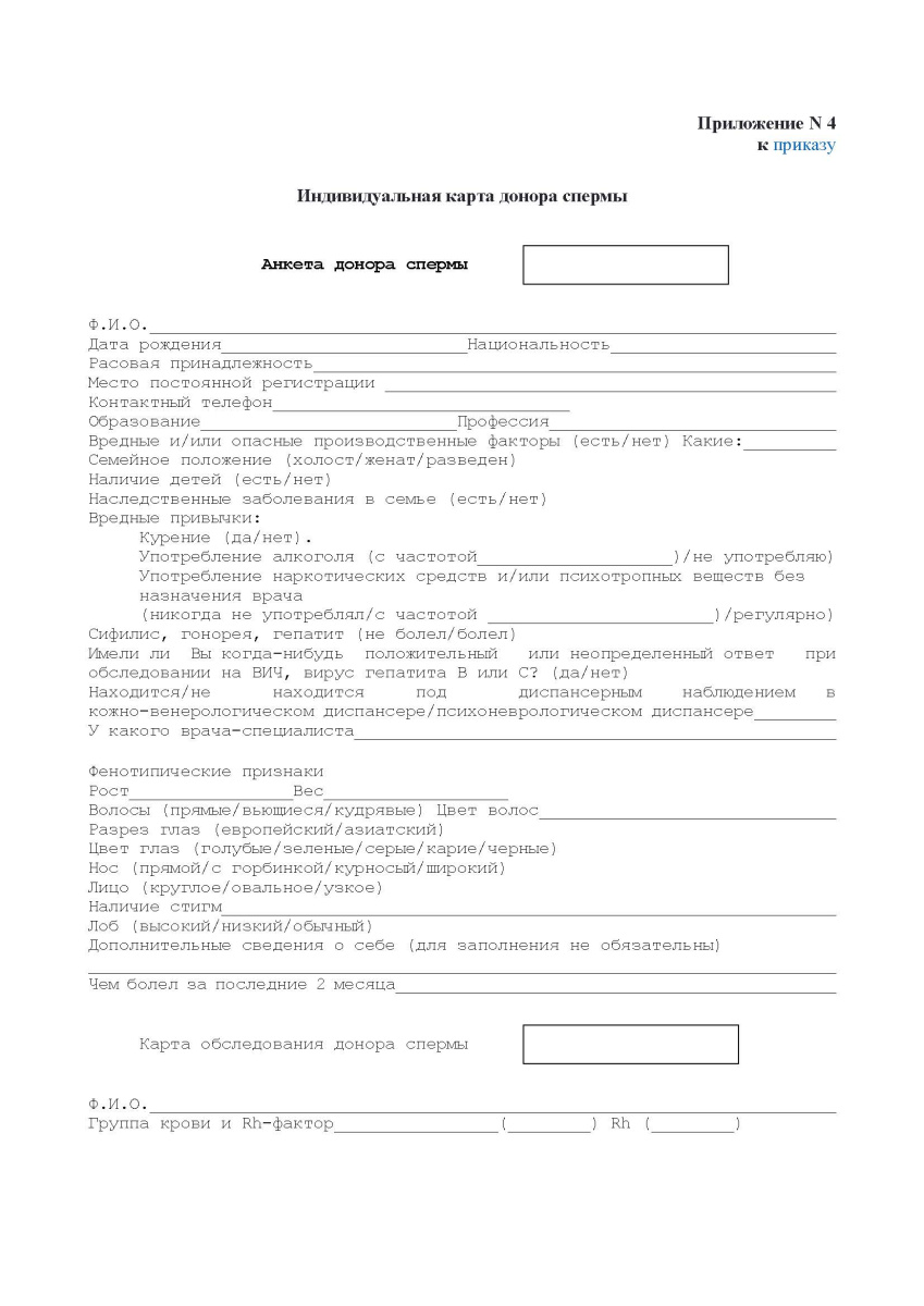 Индивидуальная карта донора спермы (Приложение 4)